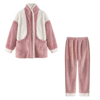 Rosa-weißer Fleece-Pyjama-Set für Damen, gemütlich, warm, zweiteilig, Herbst-Wintermode.