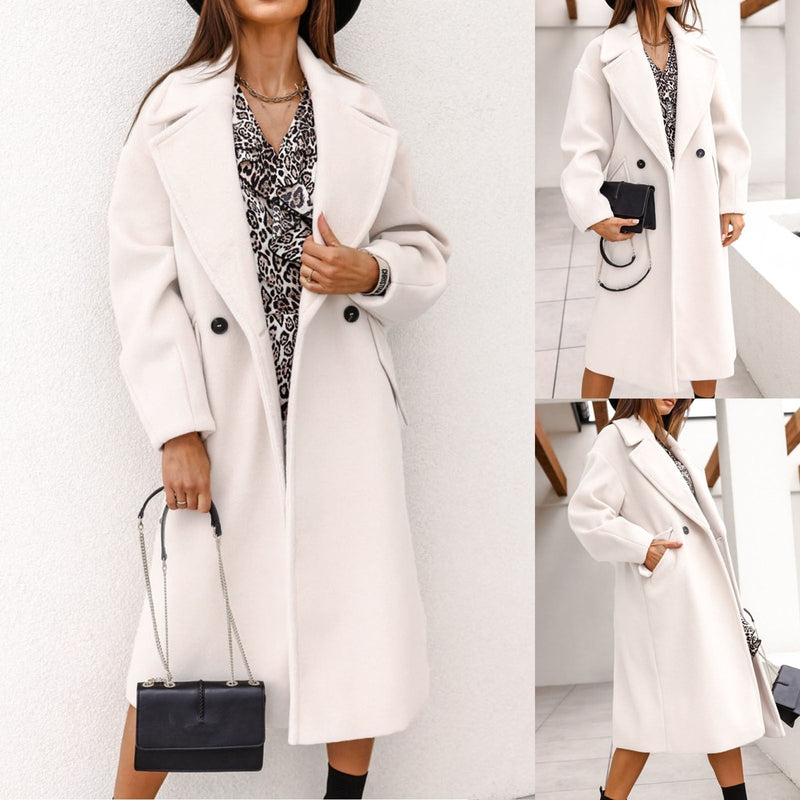 Damen Wollmantel weiß, eleganter Wintermantel, modisch, warm, mit Knöpfen und Taschen.