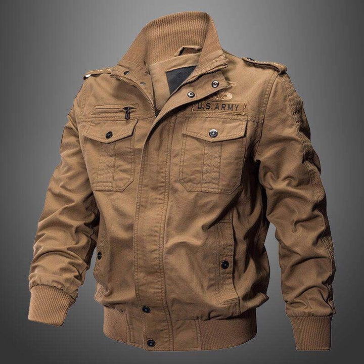 Braune Herrenjacke im Militärstil, Baumwolle, Reißverschluss, US Army Design, modisch, robust.