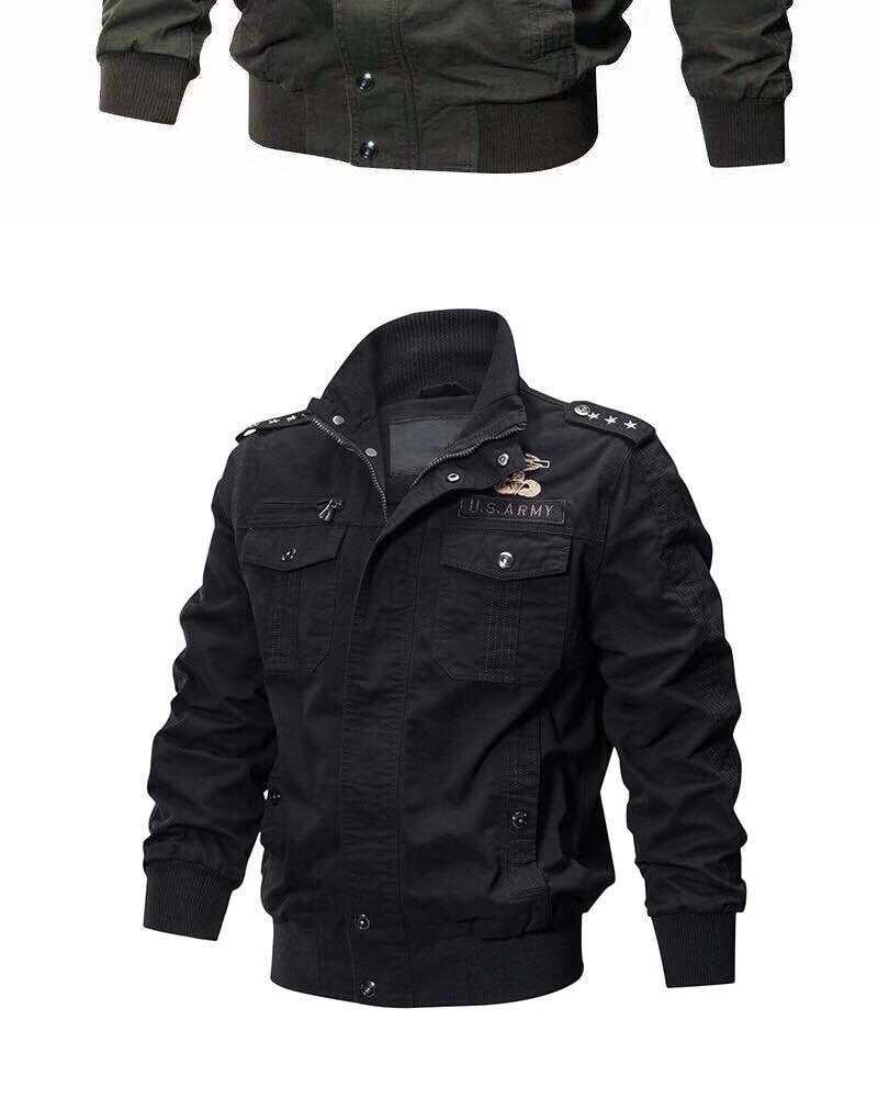Schwarze Herren-Militärjacke, Baumwolle, mit Knöpfen und Taschen, US Army Stil.