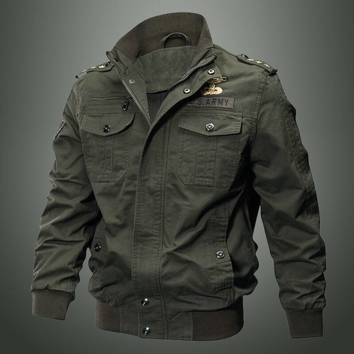 Grüne Herren-Militärjacke, Baumwolle, Reißverschluss, Taschen, Outdoor-Mode, Vintage-Stil.
