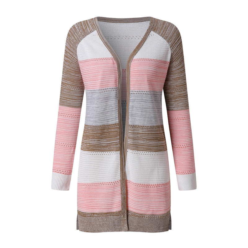 Damen Strickjacke, gestreift, rosa-beige, langarm, offener Stil, modisch, bequem.