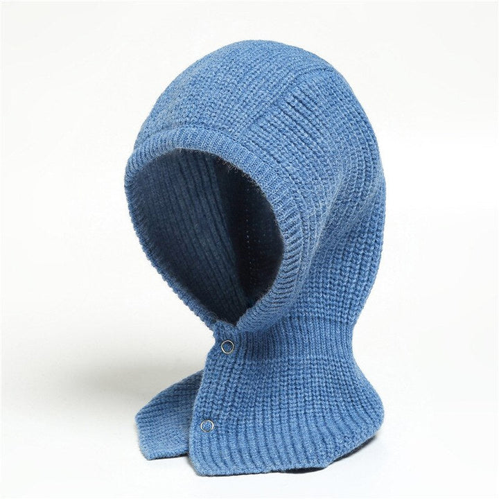 Blaue Strick-Balaclava für Kinder, warme Wintermütze, weiches Material, modisches Design.