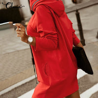 Rotes Kapuzenkleid Damen, lässig, langärmelig, Baumwolle, modisch, bequem, Celmia.