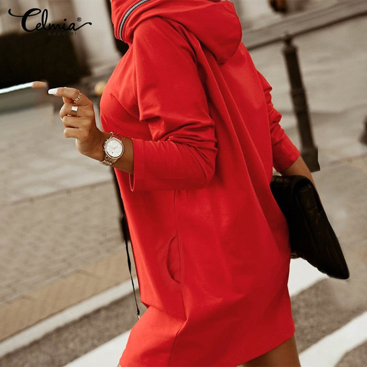 Rotes Kapuzenkleid Damen, lässig, langärmelig, Baumwolle, modisch, bequem, Celmia.