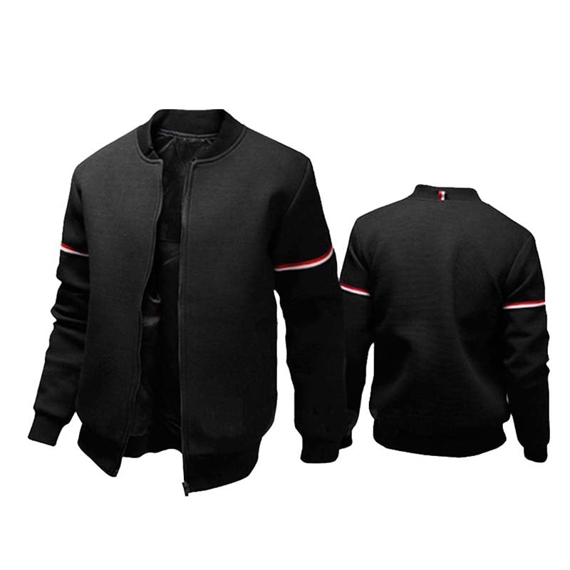 Schwarze Bomberjacke, Reißverschluss, rote Streifen, Herrenmode, Freizeitkleidung, Polyester.