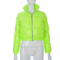 Neon-grüne Damen Steppjacke, glänzend, mit Reißverschluss, modisch, Winterjacke.