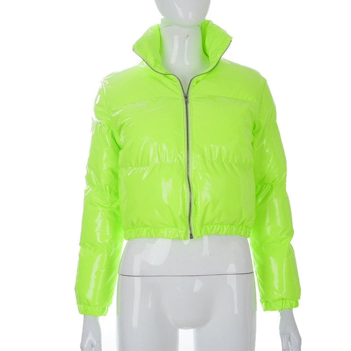 Neon-grüne Damen Steppjacke, glänzend, mit Reißverschluss, modisch, Winterjacke.