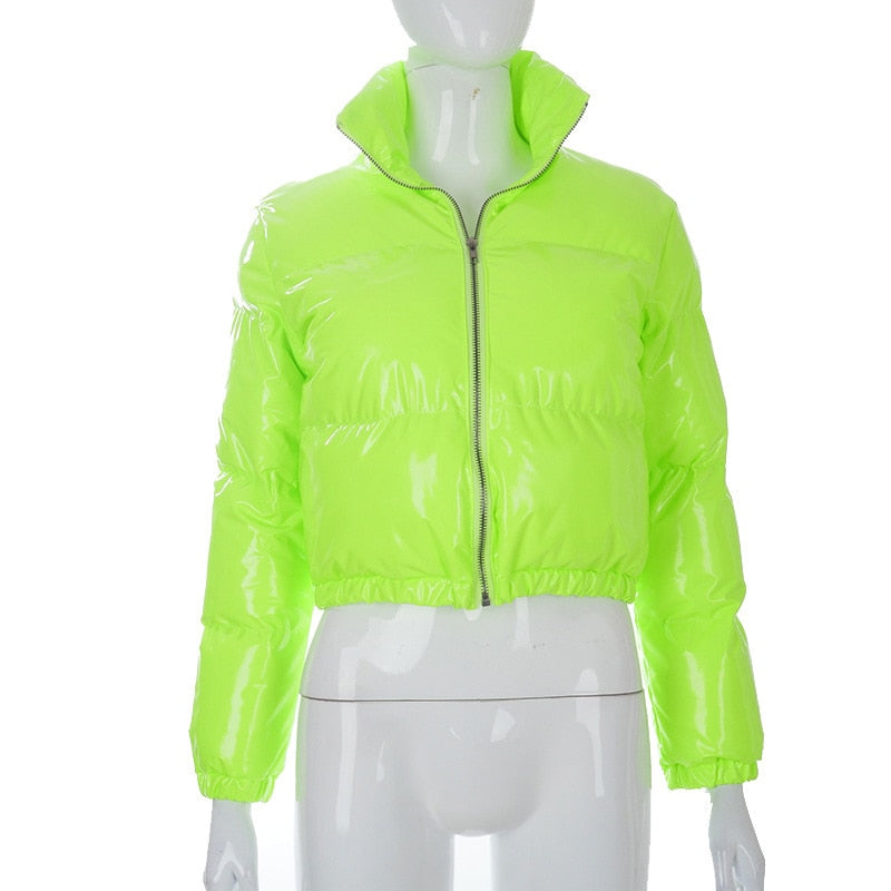 Neon-grüne Damen Steppjacke, glänzend, mit Reißverschluss, modisch, Winterjacke.