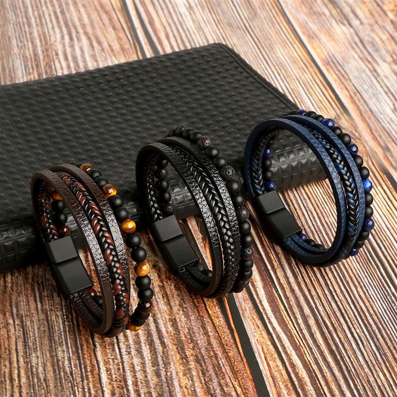 Dreifaches Lederarmband Herren, Tigerauge-Perlen, mehrschichtig, schwarz, braun, blau.