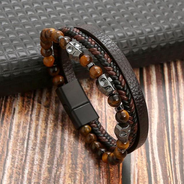 Herren Lederarmband, mehrlagig, mit Tigerauge-Perlen, modisch, braun, schwarz, Magnetverschluss.