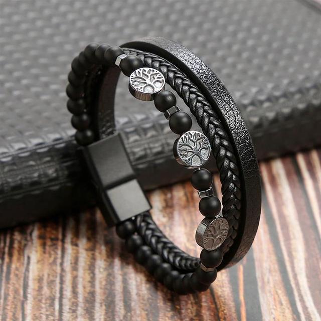 Hochwertiges Lederarmband Herren, schwarz, mehrlagig, mit Tigerauge-Perlen, modisch.