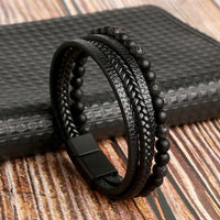 Herren Lederarmband, schwarz, mehrlagig, mit Tigerauge-Perlen, modisch, hochwertig.