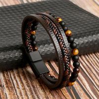 Herren Lederarmband, mehrschichtig, mit Tigerauge-Perlen, modisch, braun-schwarz.