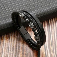 Hochwertiges Lederarmband Herren, schwarz, mit Tigerauge-Perlen, mehrlagig, modisch.