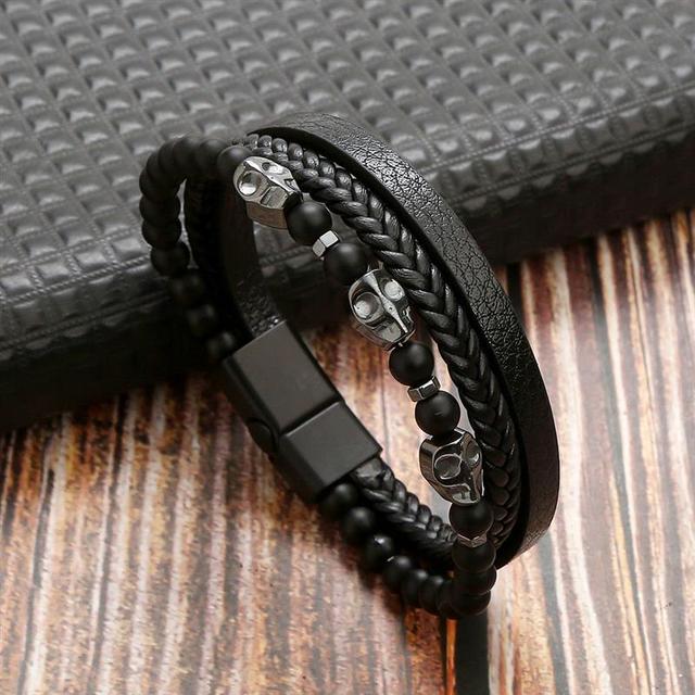 Hochwertiges Lederarmband Herren, schwarz, mit Tigerauge-Perlen, mehrlagig, modisch.