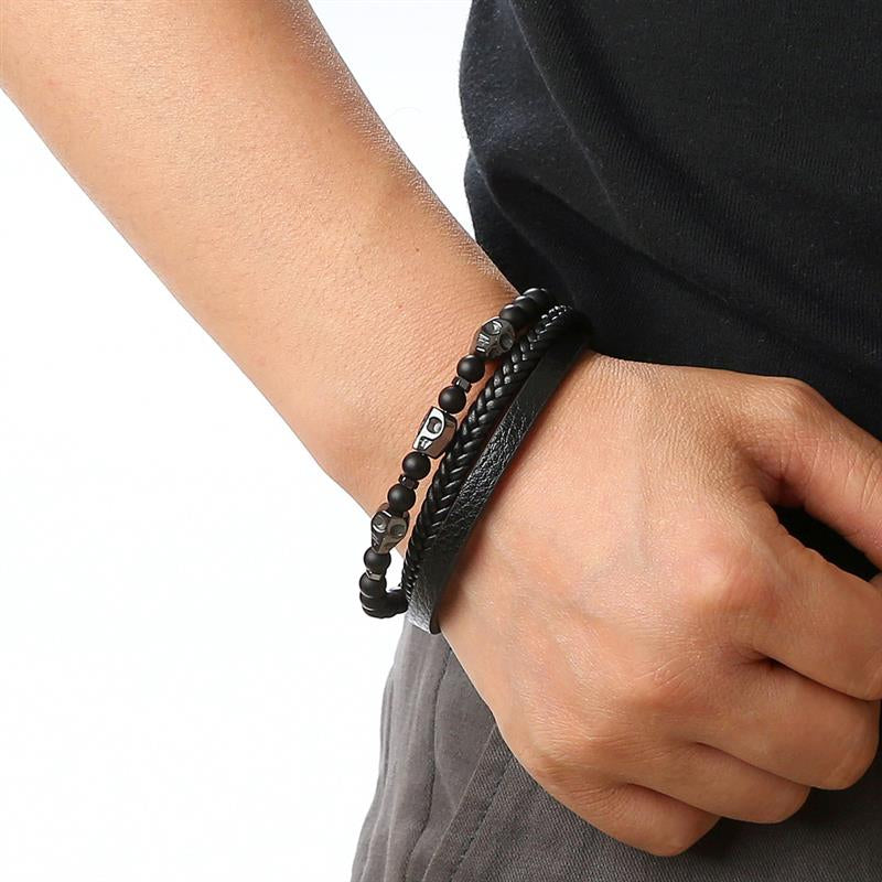 Mehrschichtiges Herren Lederarmband mit Tigerauge-Perlen, schwarz, modisch, hochwertig.