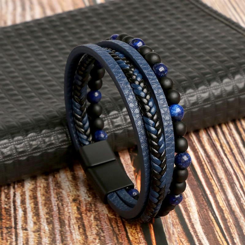 Blaues Lederarmband für Herren, mehrlagig, mit Tigerauge-Perlen, modisch, hochwertig.