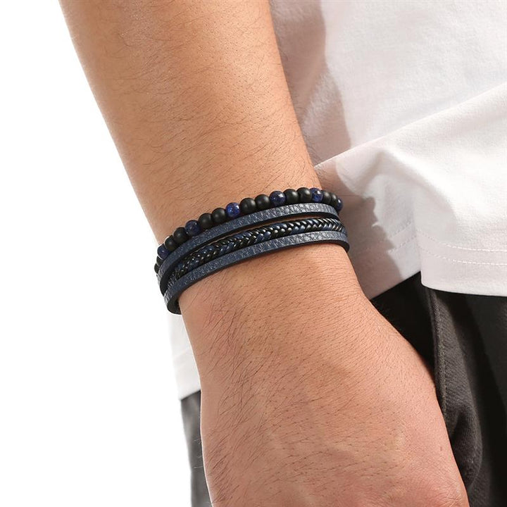 Herren Lederarmband, mehrschichtig, Tigerauge-Perlen, blau-schwarz, modisch, hochwertig.