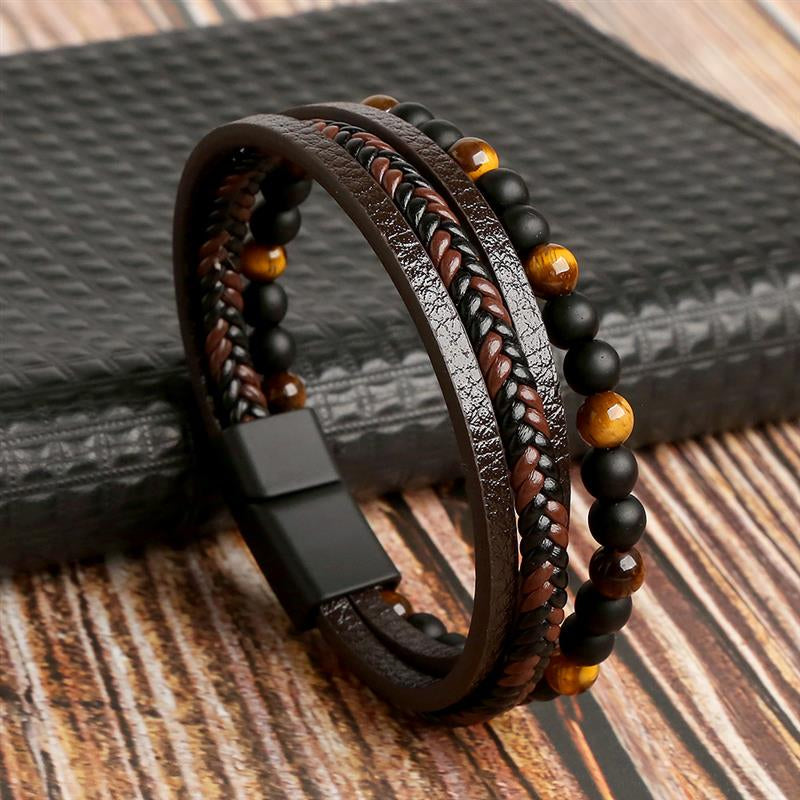 Herren Lederarmband, mehrschichtig, mit Tigerauge-Perlen, modisch, braun-schwarz.
