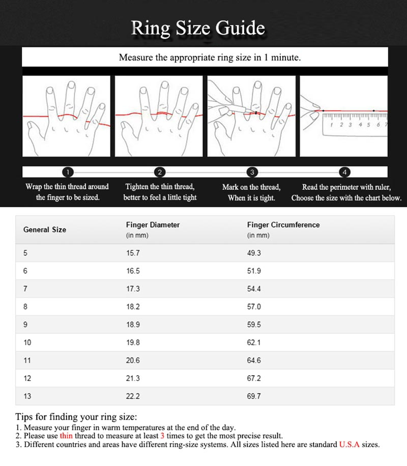 Ringgrößen-Tabelle, Anleitung zur Messung, Fingerumfang in mm, Größen 5-13, USA-Größen.