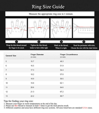 Ringgrößen-Tabelle, Anleitung zur Messung, Fingerumfang in mm, Größen 5-13, USA-Größen.