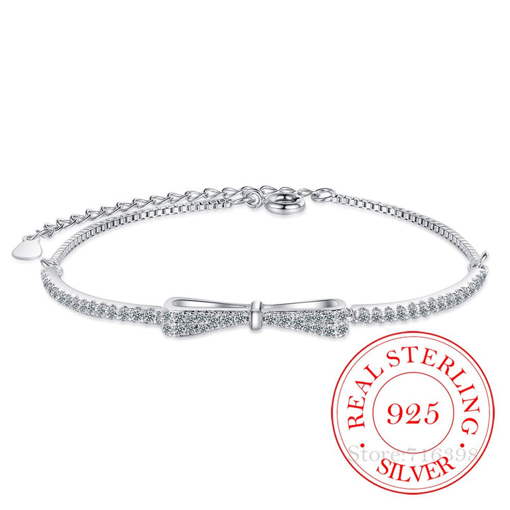 Silberarmband mit Schleife, Zirkonia, verstellbar, 925 Sterling Silber, Damen-Schmuck.