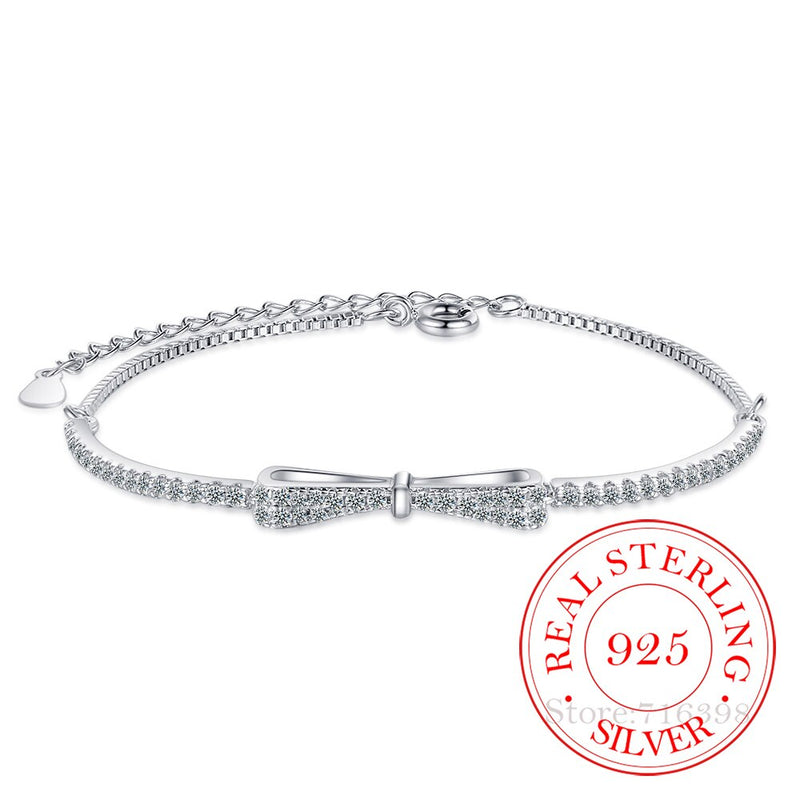 Silberarmband mit Schleife, Zirkonia, verstellbar, 925 Sterling Silber, Damen-Schmuck.