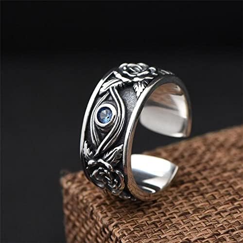 Silberner Ring mit blauem Stein, florales Design, verstellbar, Schmuck für Damen und Herren.