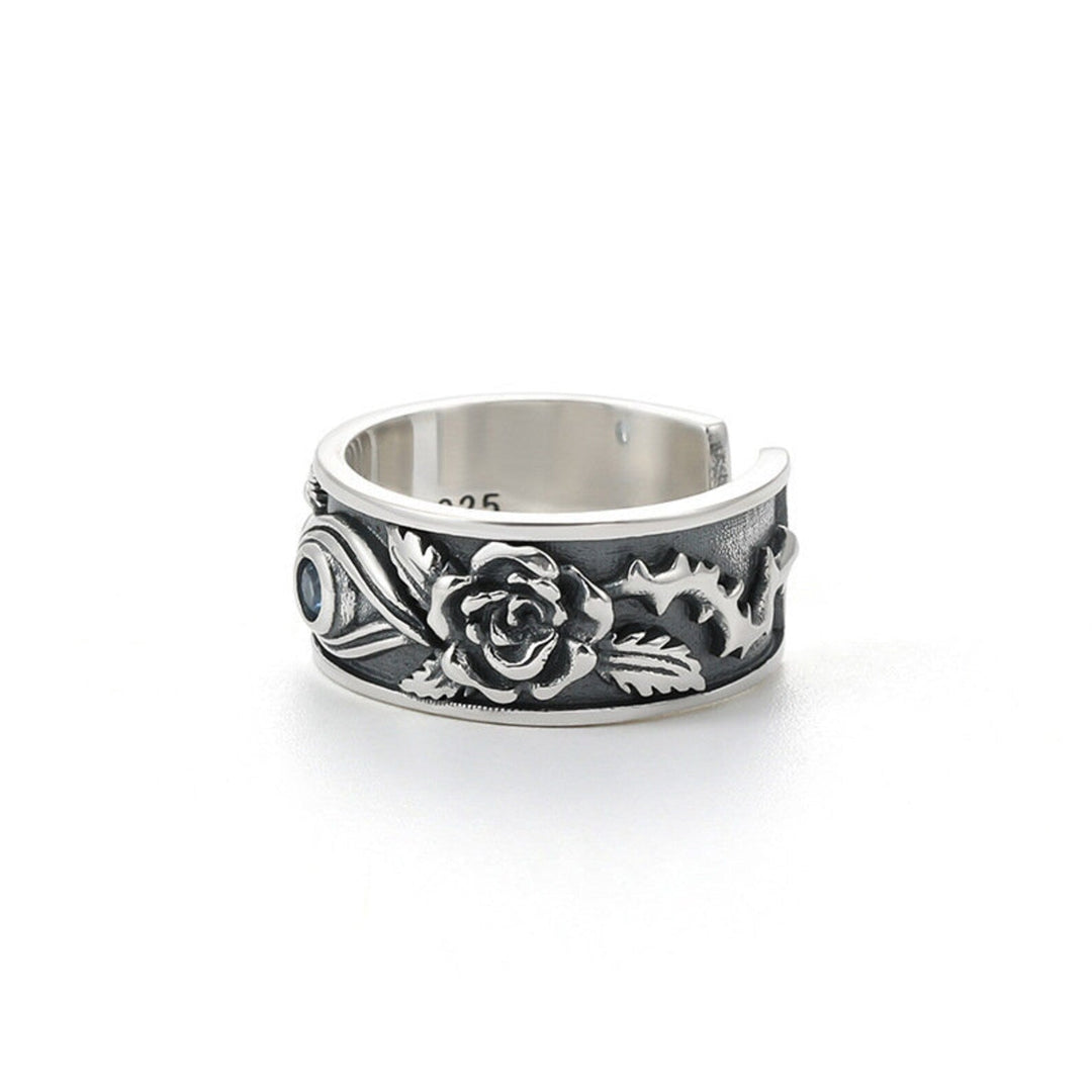 Silberring mit Rosenmotiv, verstellbar, Vintage-Stil, Schmuck für Damen, oxidiertes Finish.