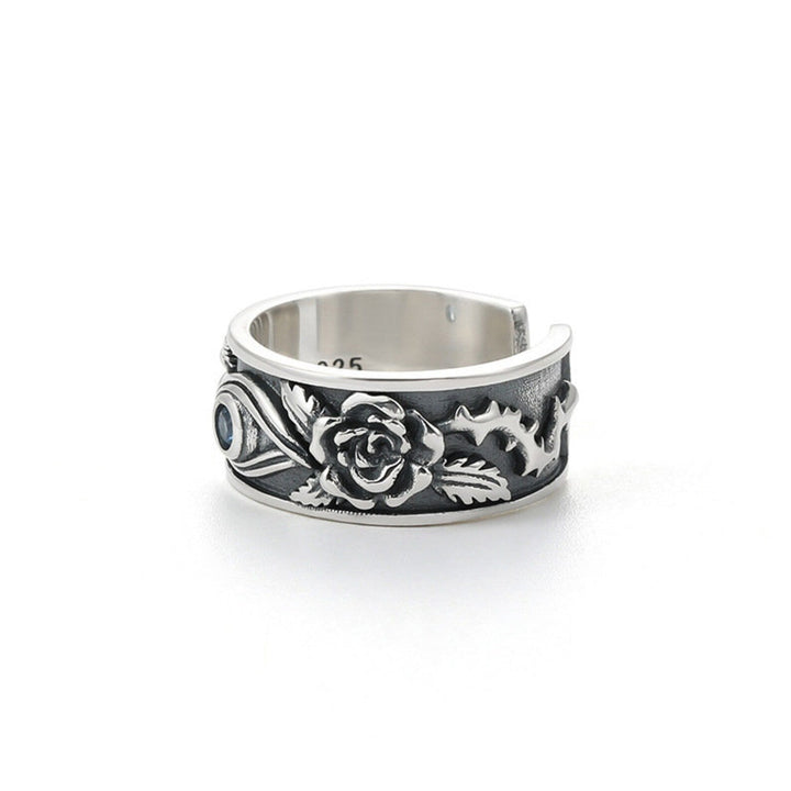 Silberring mit Rosenmotiv, verstellbar, Vintage-Stil, Schmuck für Damen, oxidiertes Finish.