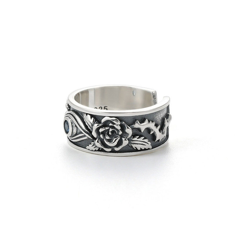 Silberring mit Rosenmotiv, verstellbar, Vintage-Stil, Schmuck für Damen, oxidiertes Finish.