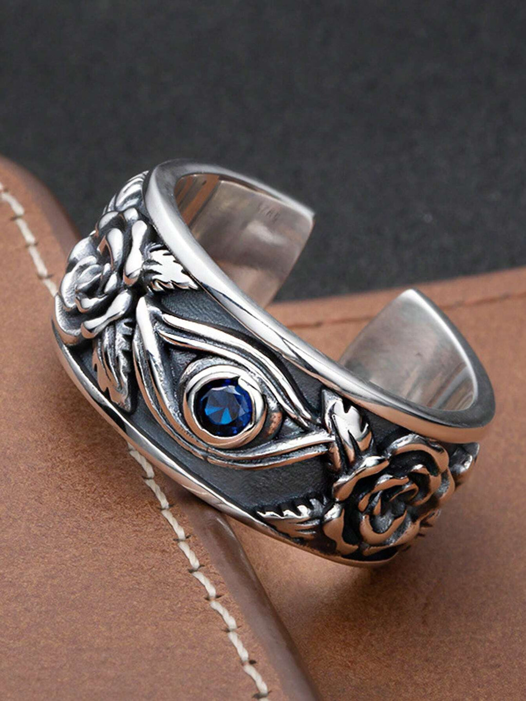 Silberring mit blauer Zirkonia, Rosenmuster, Herrenring, Vintage-Stil, Schmuck für Männer.