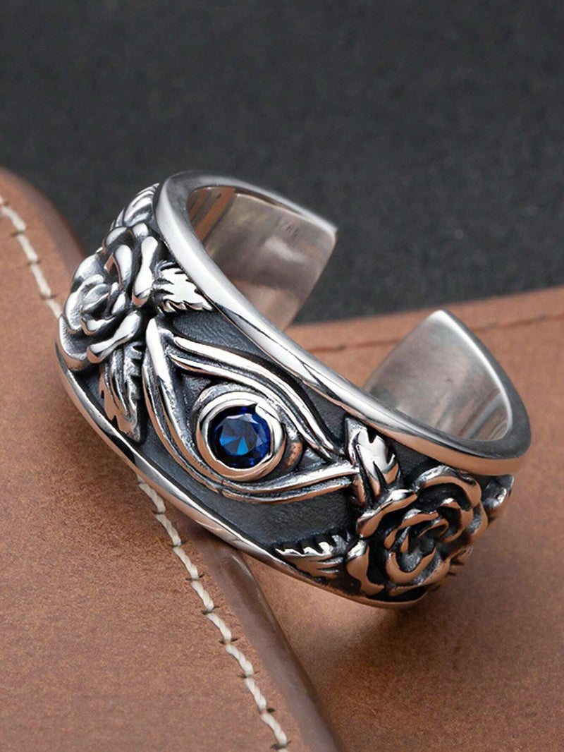 Silberring mit blauer Zirkonia, Rosenmuster, Herrenring, Vintage-Stil, Schmuck für Männer.