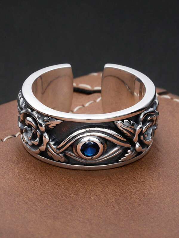 Silberring mit Auge und blauer Stein, florales Design, Herrenring, Schmuckaccessoire