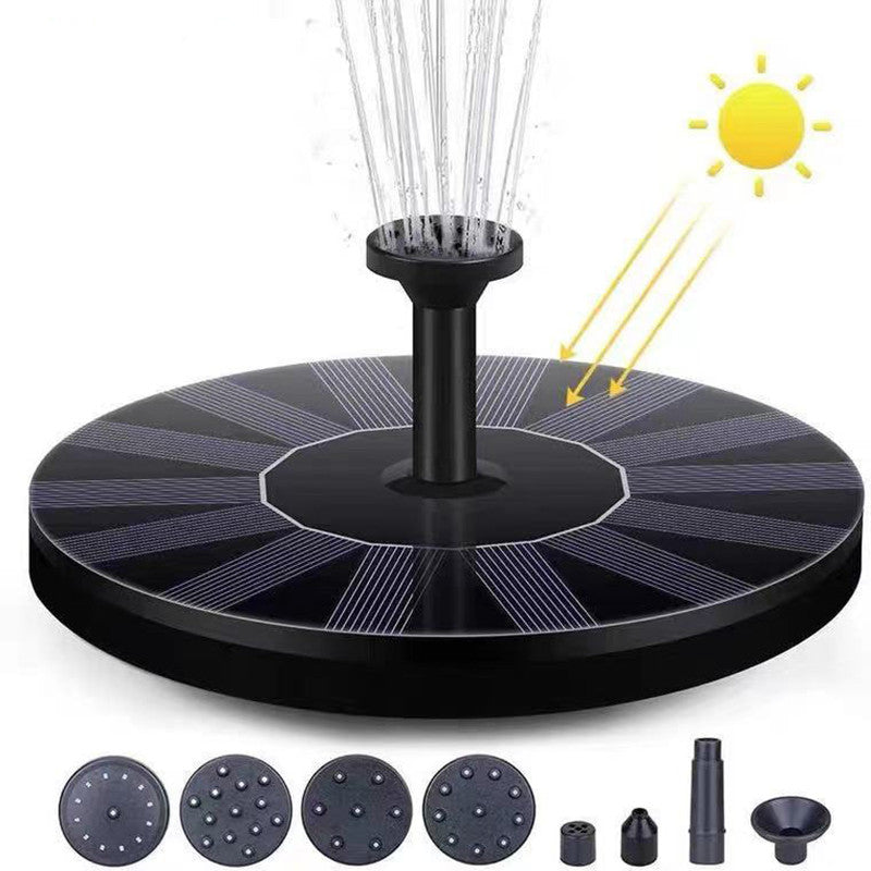 Schwarzer Solarbrunnen für Garten, Teich, Pool, solarbetrieben, mit verschiedenen Düsenaufsätzen.