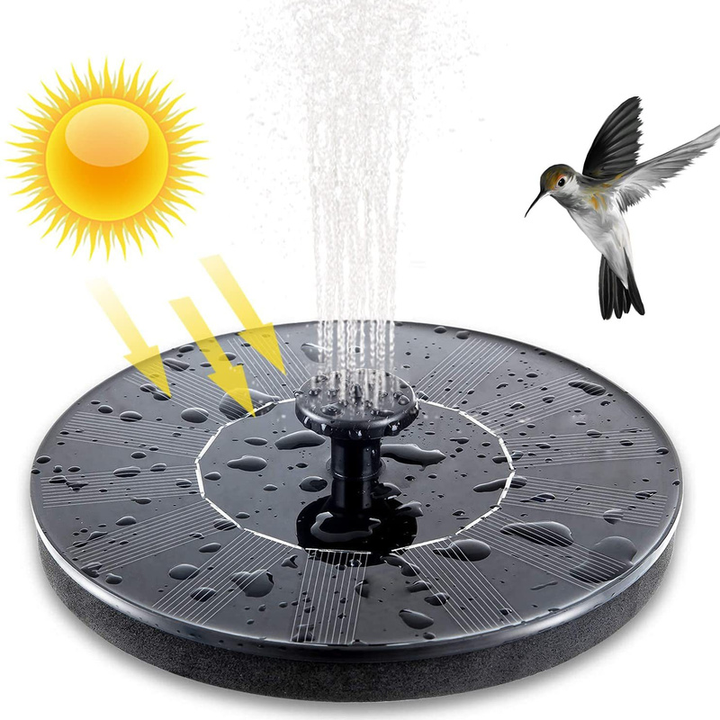 Mini Solarbrunnen schwarz, rund, für Garten, Teich, solarbetrieben, mit Wasserstrahl und Vogel.