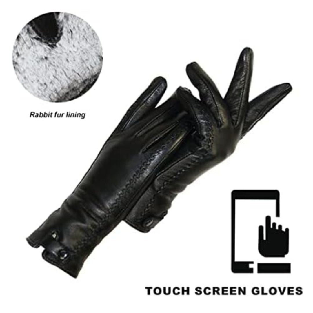 Schwarze Touchscreen-Handschuhe aus Leder mit Kaninchenfellfutter, elegant und funktional.