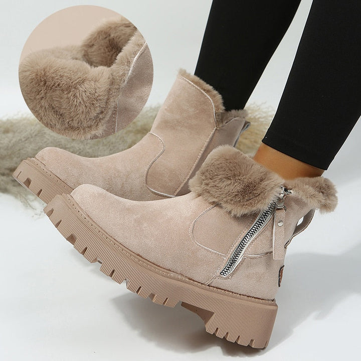 Damen Winterstiefel beige, Kunstfell, Reißverschluss, rutschfeste Sohle, warm, modisch.