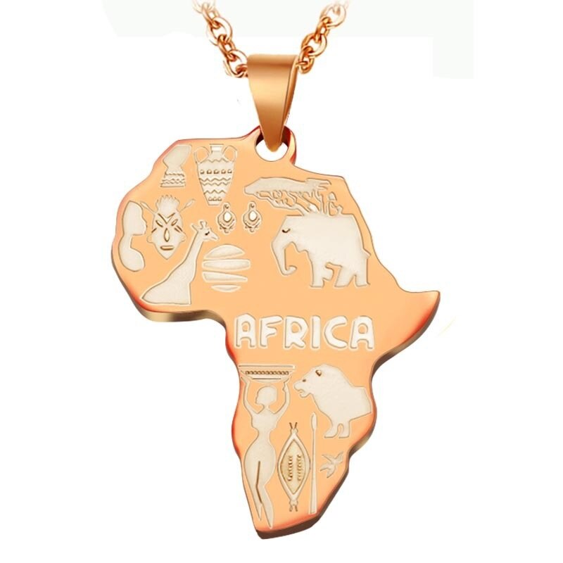 Goldene Afrika-Anhänger-Halskette, Kontinent-Design, afrikanische Symbole, Modeschmuck.