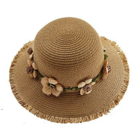 Damen Sonnenhut aus Stroh, beige, mit Blumenverzierung, ideal für Sommermode und Strand.
