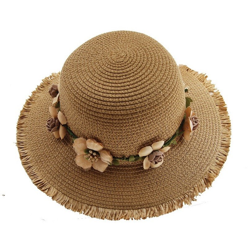 Damen Sonnenhut aus Stroh, beige, mit Blumenverzierung, ideal für Sommermode und Strand.
