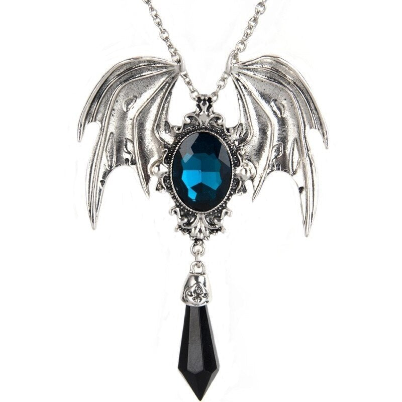 Silberne Fledermausflügel-Halskette mit blauem Edelstein und schwarzem Anhänger, Gothic-Schmuck.