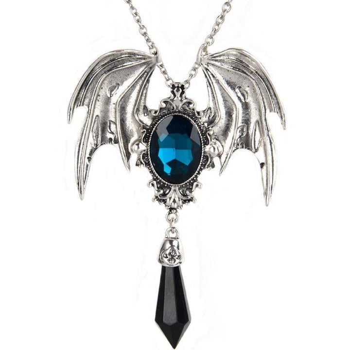 Silberne Fledermausflügel-Halskette mit blauem Edelstein und schwarzem Anhänger, Gothic-Schmuck.