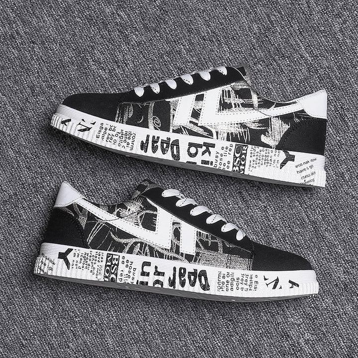 Schwarz-weiße Sneaker mit Zeitungsdruck, Canvas-Material, modisch, unisex, Straßenschuhe.
