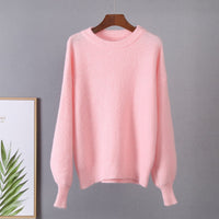 Rosa Damenpullover aus Strick, langärmelig, weiches Material, modisch, gemütlich, Herbstmode.