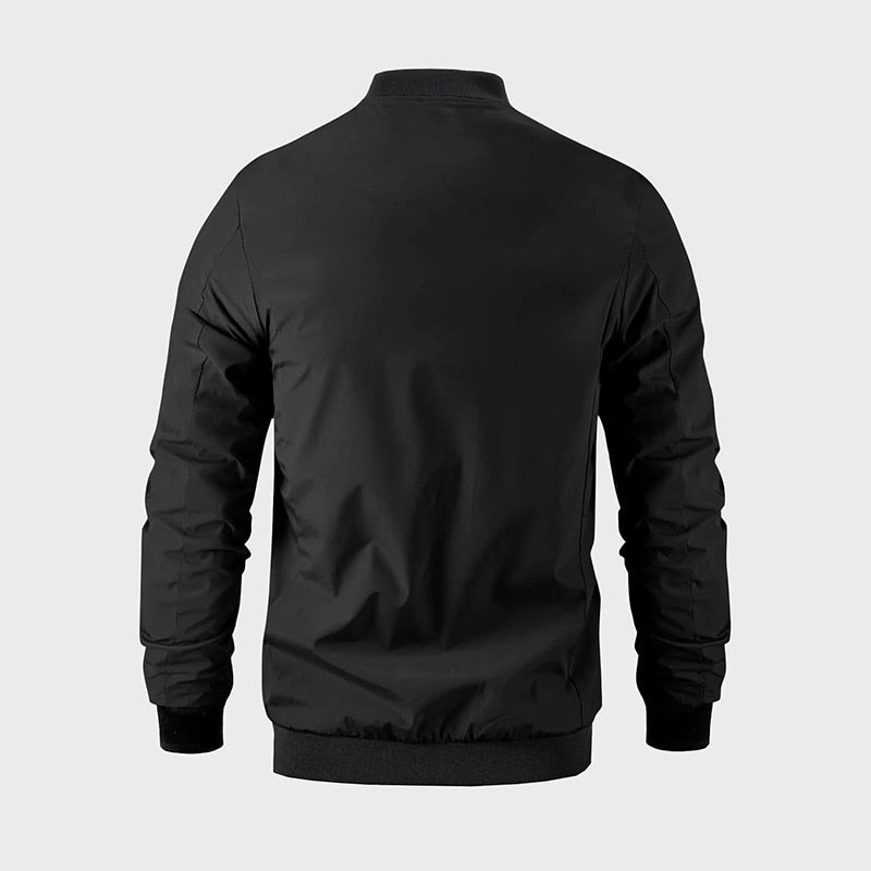 Schwarze Bomberjacke Herren, Rückansicht, Polyester, modisch, lässig, Herbstmode.