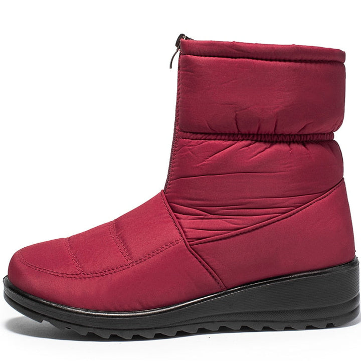 Roter Damen-Winterstiefel, wasserdicht, warm gefüttert, rutschfeste Sohle.