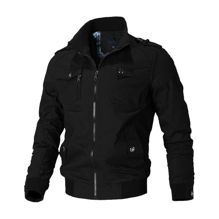 Schwarze Herrenjacke, Reißverschluss, Baumwolle, modisch, Herbst, Freizeitkleidung