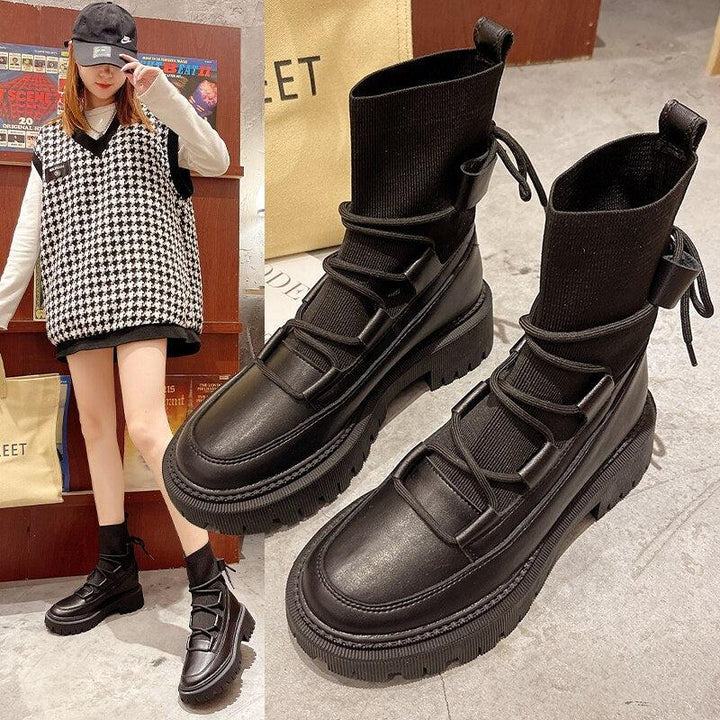 Schwarze Damenstiefel, Leder, Schnürung, modisch, Herbst-Winter, robust, bequem.